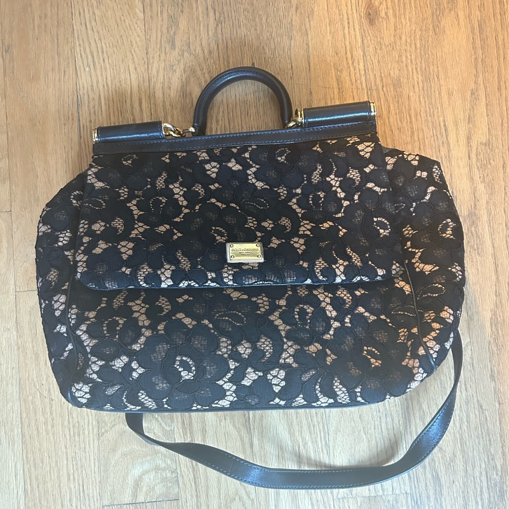 Dolce & Gabbana Black Lace And Leather Medium Miss Sicily Top Handle Bag